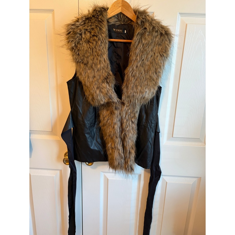 Wenxi Faux Leather Vest Faux Fur Collar Tie Waist Black Brown XXL
